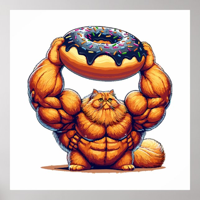 Affiche Chat Musclé qui Soulève un Beignet (Devant)