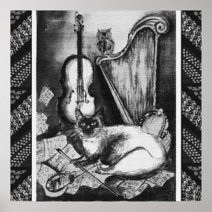 Affiche CHAT MUSICAL, OWL, VIOLIN, HARP Black White Grey M