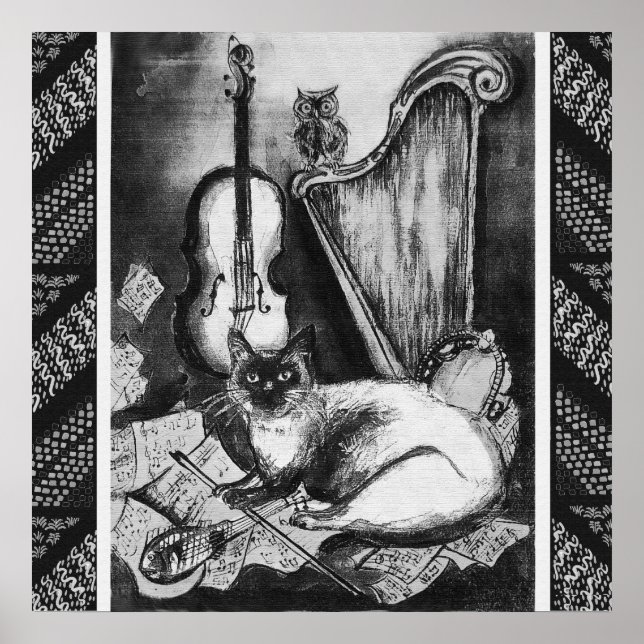 Affiche CHAT MUSICAL, OWL, VIOLIN, HARP Black White Grey M (Devant)