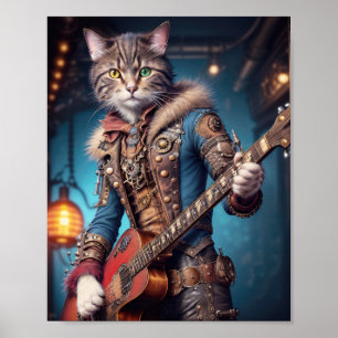 Affiche Chat musicien en bleu steampunk robe jouant de la 