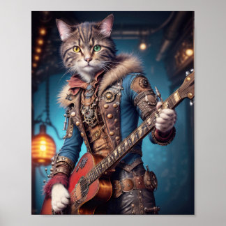 Affiche Chat musicien en robe steampunk bleue jouant de la