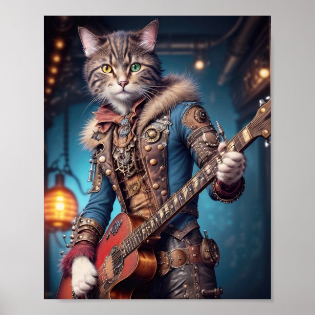 Affiche Chat musicien en robe steampunk bleue jouant de la (Devant)