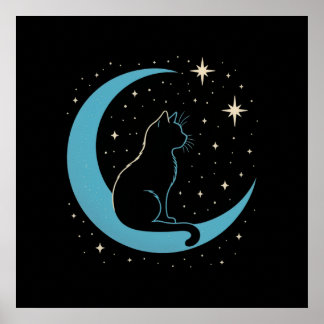 Affiche Chat mystique sur le ciel nocturne de la Lune bleu