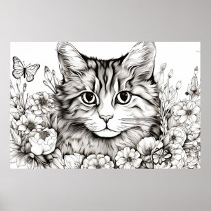 Affiche Chat Nature paisible Prairie Sketch Style de dessi