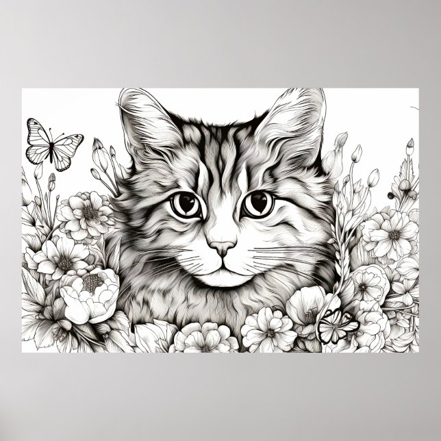 Affiche Chat Nature paisible Prairie Sketch Style de dessi (Devant)