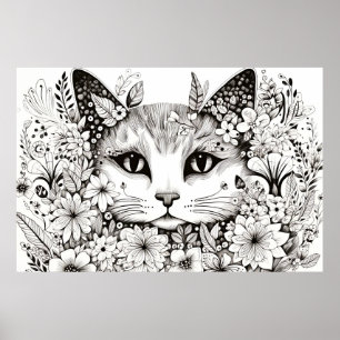 Affiche Chat Nature paisible Prairie Sketch Style de dessi