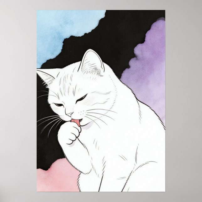 Affiche Chat nettoyant sa patte (Devant)