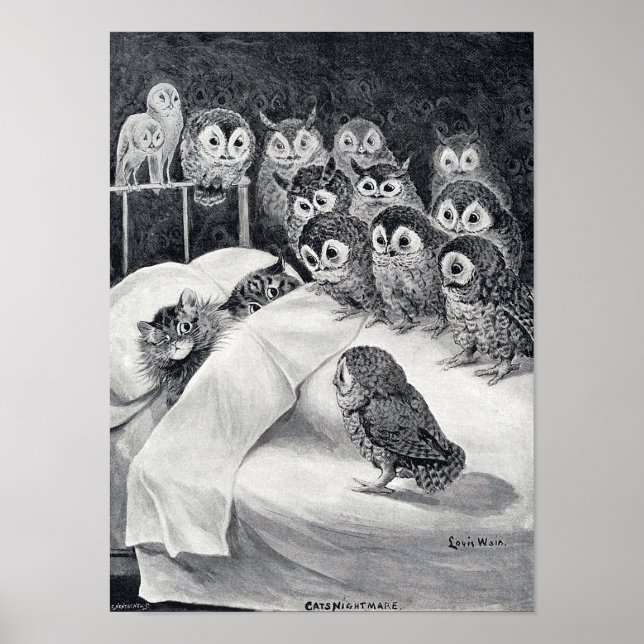 Affiche Chat Nightmare Owl Bird, Louis Wain (Devant)
