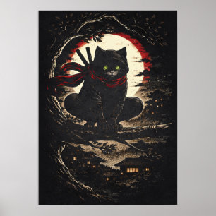 Affiche Chat Ninja, drôle d'art d'animé japonais de tatoua