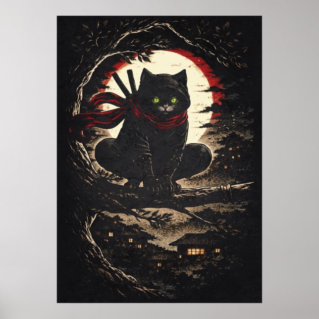 Affiche Chat Ninja, drôle d'art d'animé japonais de tatoua (Devant)