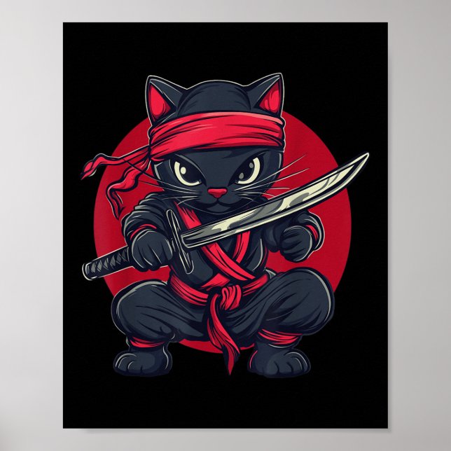 Affiche Chat Ninja Samurai Japon Drapeau japonais Kawaii F (Devant)