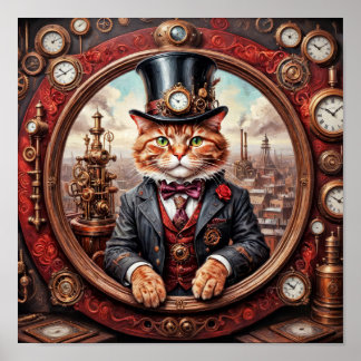Affiche Chat noble Steampunk dans un monde industriel