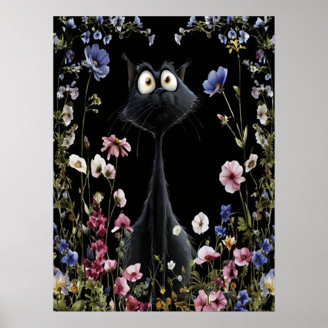 Affiche Chat noir abstrait Fleurs sauvages colorées (Devant)