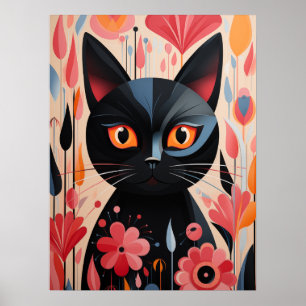 Affiche Chat Noir Adorable Avec Fleurs Roses