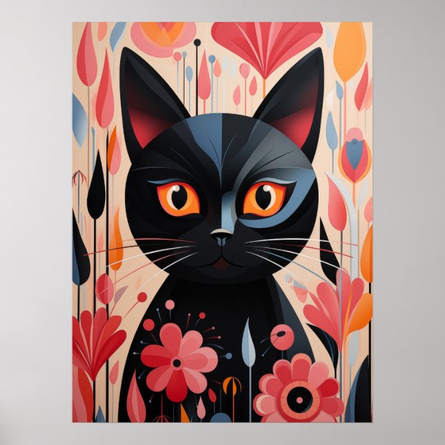 Affiche Chat Noir Adorable Avec Fleurs Roses (Devant)