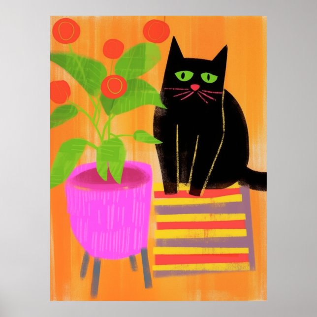 Affiche Chat Noir Adorable Avec Plantes (Devant)
