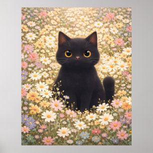 Affiche Chat Noir Adorable dans un Champ de Marguerites Af