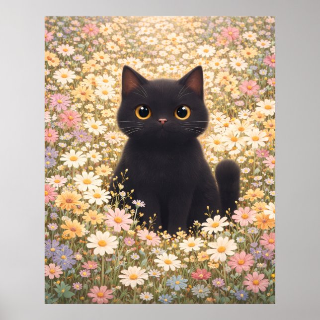 Affiche Chat Noir Adorable dans un Champ de Marguerites Af (Devant)