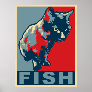 Affiche Chat noir affamé pour des poissons - rouge et bleu