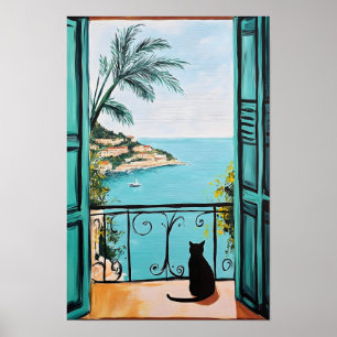 Affiche Chat Noir Appréciant la Mer Magnifique