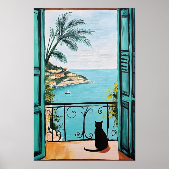 Affiche Chat Noir Appréciant la Mer Magnifique (Devant)