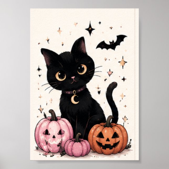 Affiche Chat noir au collier Lune Citrouille Rose (Devant)