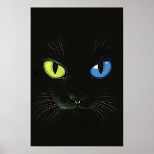 Affiche Chat noir aux yeux verts et bleus
