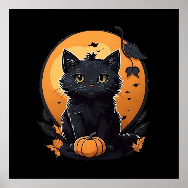 Affiche Chat noir avec citrouille (Devant)