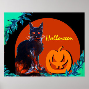 AFFICHE CHAT NOIR AVEC CITROUILLE DANS LA NUIT D'HALLOWEEN