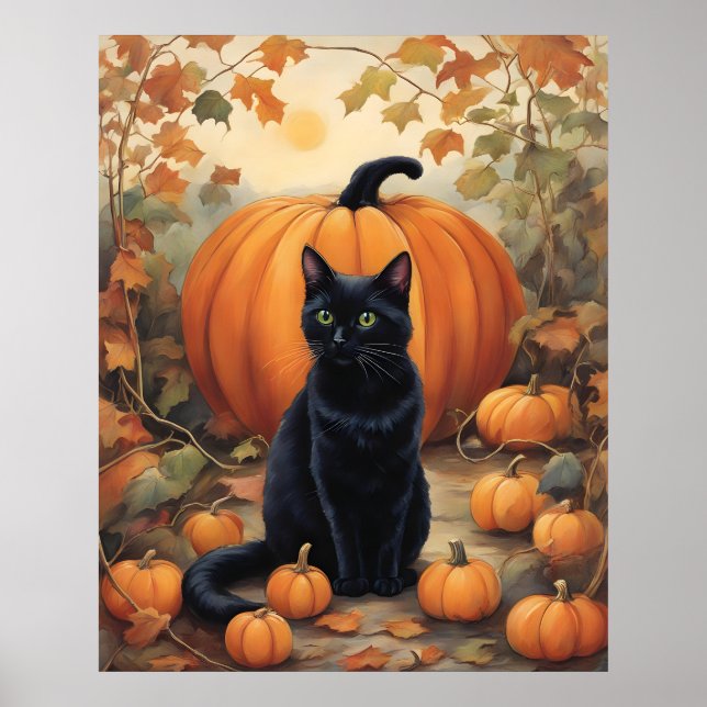 Affiche Chat noir avec Citrouille Halloween (Devant)