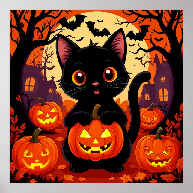 Affiche Chat Noir Avec Citrouilles Halloween Mignon Épouva (Devant)