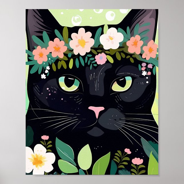Affiche Chat noir avec couronne florale (Devant)