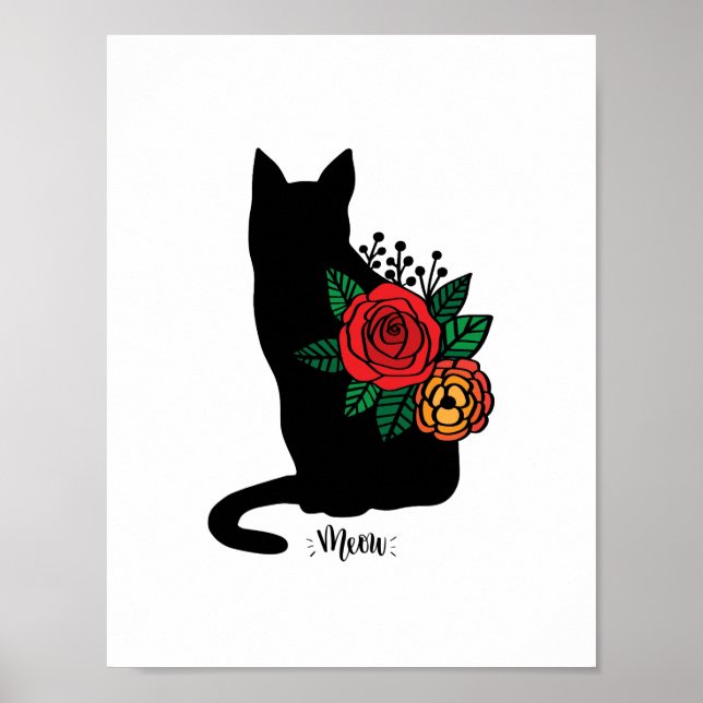 Affiche Chat Noir Avec Fleurs (Devant)