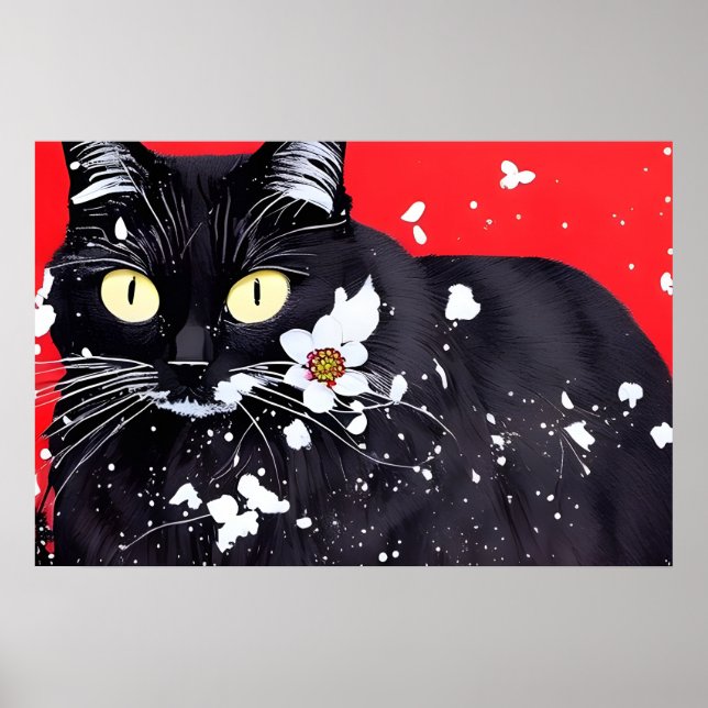 Affiche Chat noir avec Fleurs blanches Arrière - plan roug (Devant)