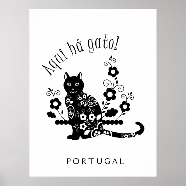 Affiche Chat noir avec fleurs et expression portugaise (Devant)