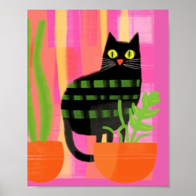 Affiche Chat Noir Avec Plantes Rose Vert Orange (Devant)