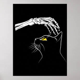 Affiche Chat noir avec squelette main Halloween Éffrayant