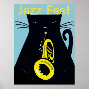 Affiche Chat noir avec trompette, Jazz