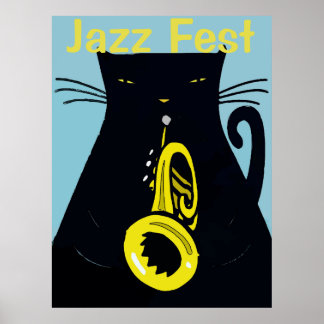 Affiche Chat noir avec trompette, Jazz