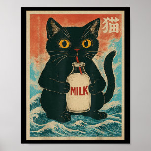 Affiche Chat Noir Boire Lait Carton Anime Japonais Drôle G