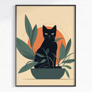 Affiche Chat Noir Botanique Amateur de Plantes Minimaliste