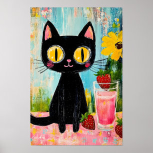 Affiche Chat noir buvant du jus de fraise