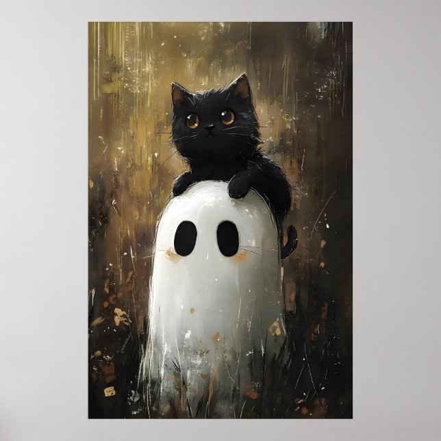 Affiche Chat noir câlinant un fantôme mignon imprimé, Hall (Devant)