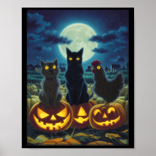 Affiche Chat noir Chien Poulet Halloween Citrouille Épouva
