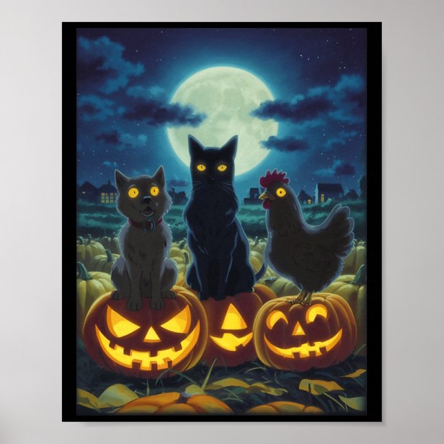 Affiche Chat noir Chien Poulet Halloween Citrouille Épouva (Devant)