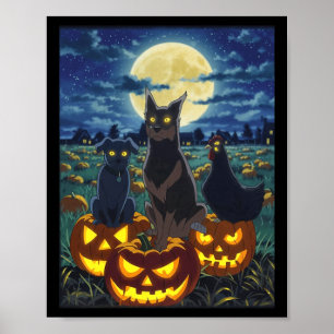 Affiche Chat noir Chien Poulet Halloween Citrouille Épouva