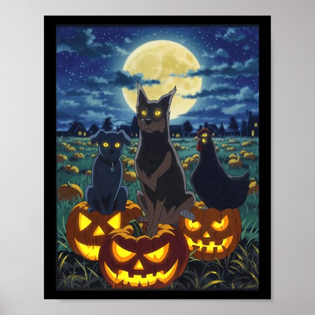 Affiche Chat noir Chien Poulet Halloween Citrouille Épouva (Devant)