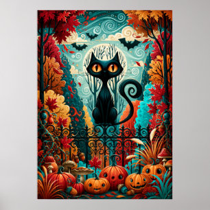 Affiche Chat noir citrouille fantaisie au clair de lune