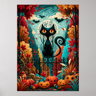 Affiche Chat noir citrouille fantaisie au clair de lune