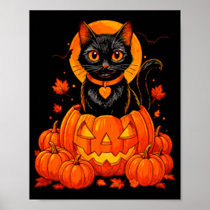 Affiche Chat Noir Citrouille Lune Halloween Automne
